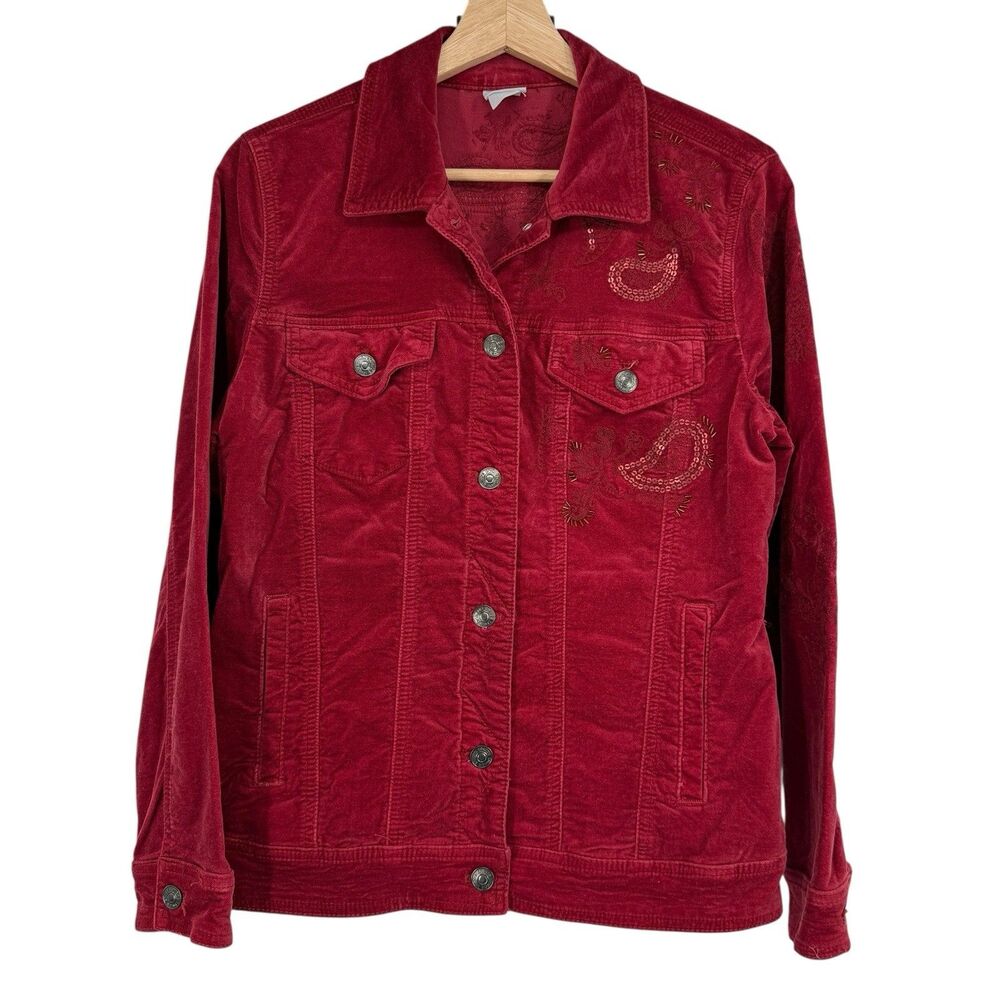 Chicos Red Velvet Jean Jacket Womens Size 1 (8/10) Embroidered Holiday Boho